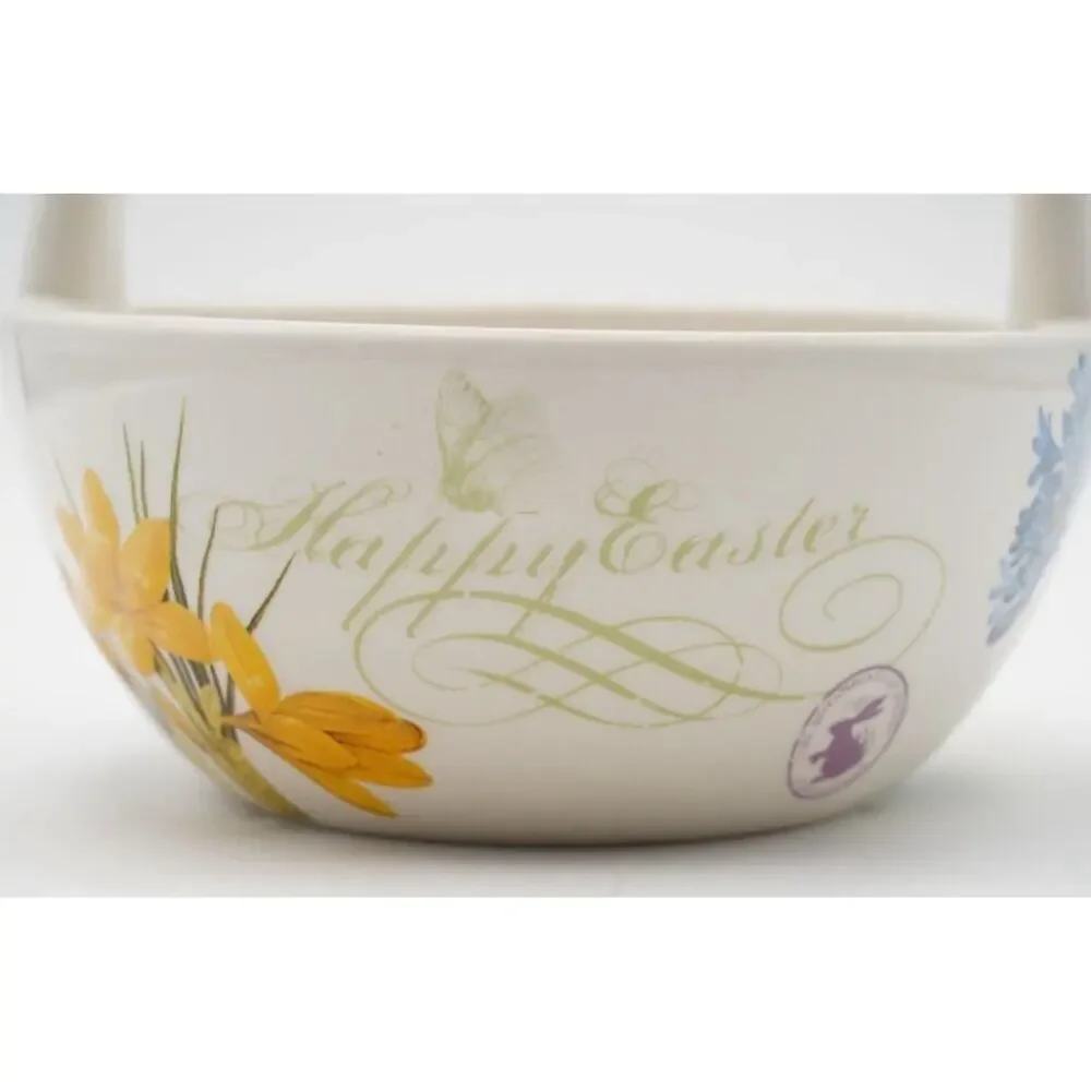 Blossoms & Blooms Ceramic Decorative Basket Floral Easter White Yellow Round